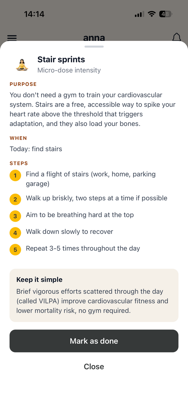 the anna app action card, stair sprints
